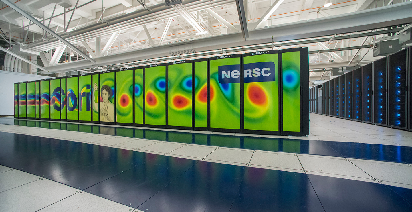 The Cori supercomputer installed on the machine room floor at NERSC