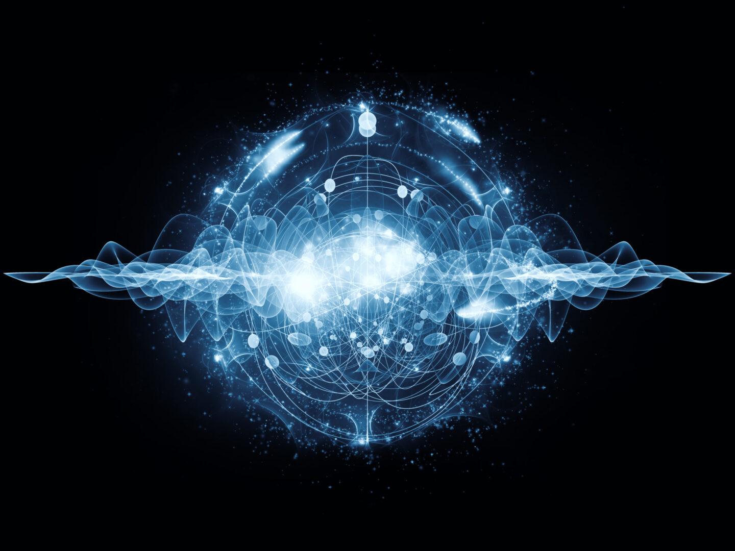 Quantum Blue. Atomic series. Abstract concept of atom and quantum waves illustrated with fractal elements